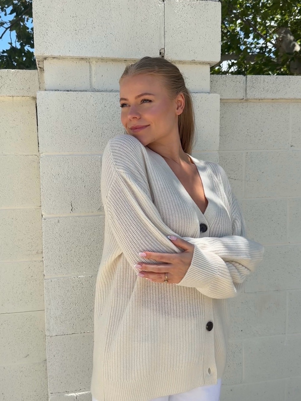 Classic Cream Button-Front Ribbed Cardigan Sweater - Picture 3 of 5